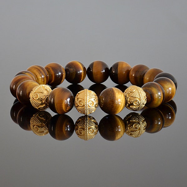 Bracelet extensible en perles de luxe pour homme avec œil de tigre jaune véritable et or 10 mm 12 mm