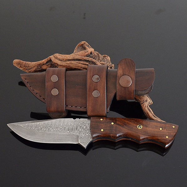 Damascus Hunting EDC Bushcraft Knife with Handmade Horizontal Leather Knife Sheath