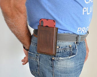 Funda para cinturón de teléfono móvil de cuero genuino cosida a mano para iPhone 13 14 15 16 Pro Max Samsung Galaxy S22 S23 S24 S25 Note