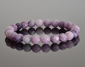 Faceted Lepidolite Bracelet: 8mm Purple Gemstone Beaded Stretch Bracelet