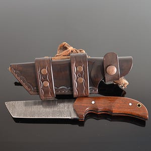 Hand Forged Full Tang Damascus Tanto Knife with Hand Built Embossed Leather Sheath