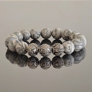 High Grade Picasso Jasper and Sterling Silver Custom Made Mens Beaded Gemstone Bracelet