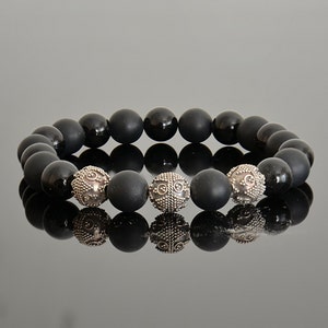 10mm 12mm Genuine Black Obsidian Matte Onyx and Sterling Silver High Grade Man Bead Bracelet