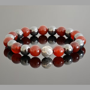 Genuine Carnelian and Hematite Mens Sterling Silver Custom Made 10mm Luxury Beaded Bracelet