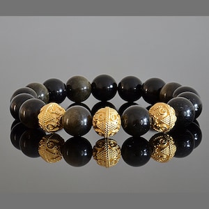 10mm 12mm Gold Sheen Black Obsidian Mens Luxury Beaded Bracelet with 18K Gold Plated Bali Beads