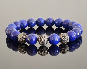 Bracelet en perles de lapis-lazuli bleu naturel de haute qualité pour hommes sur mesure avec perles de Bali en argent sterling