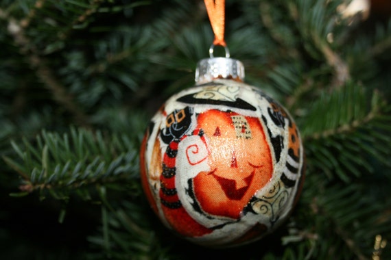 Halloween Pumpkins Handmade Fabric Decoupage Glass Ornament