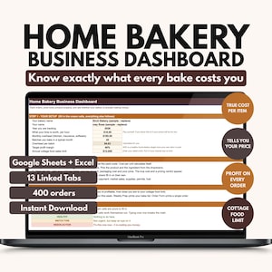 May include: A digital Home Bakery Business Dashboard displayed on a laptop screen. The interface features text fields for bakery setup, cost tracking, and profit analysis. It includes labels for Google Sheets, Excel, 13 linked tabs, and 400 orders.