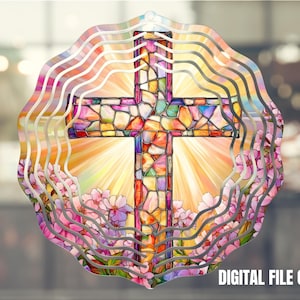Stained Glass Cross Wind Spinner, Christian Yard Art, Religious Sublimation Design, Decor PNG