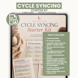 May include: A digital Cycle Syncing Starter Kit displayed on a tablet screen. The document includes a phase meal formula, lifestyle charts, and a list of included items such as 4 phase guides, 12 recipes, grocery lists, trackers, and journal pages.