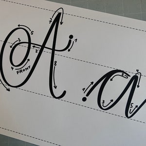 May include: A handwritten guide to cursive letter formation, showing the stroke order for the uppercase and lowercase letters "A" and "a".
