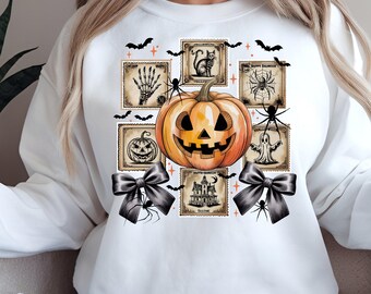 レトロなハロウィーンゴーストPNG：不気味なカボチャ、リボン、コケット昇華デザイン（デジタルダウンロード
