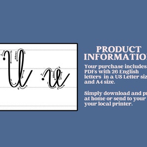 May include: A black and white image showing the cursive letter 'u' written in two different ways. The image includes numbered arrows showing the stroke order for writing the letter. The text 'PRODUCT INFORMATION' is in pink and the text below describes the product as including two PDFs with 26 English letters in US Letter and A4 size.