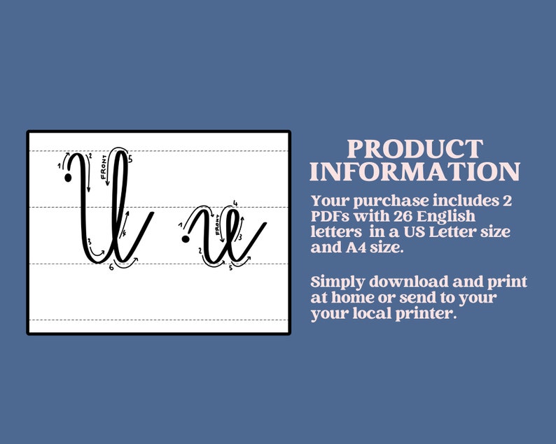 May include: A black and white image showing the cursive letter 'u' written in two different ways. The image includes numbered arrows showing the stroke order for writing the letter. The text 'PRODUCT INFORMATION' is in pink and the text below describes the product as including two PDFs with 26 English letters in US Letter and A4 size.