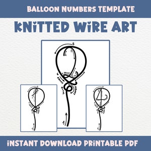 Könnte beinhalten: Eine druckbare PDF-Vorlage für Strickdrahtkunst mit Ballonnummern. Das Design enthält Anweisungen zum Erstellen der Zahlen 1, 4 und 5 in Ballonform. Der Text "Balloon Numbers Template" und "Knitted Wire Art" sind zu sehen.