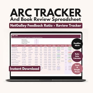 Könnte beinhalten: Eine digitale ARC-Tracker- und Buchrezensions-Tabelle auf einem Laptop-Bildschirm. Die Benutzeroberfläche enthält Spalten für Buchtitel, Autoren, Genres, Quellen, Formate, Daten und Status sowie Fristwarnungen und automatische Berechnungen.