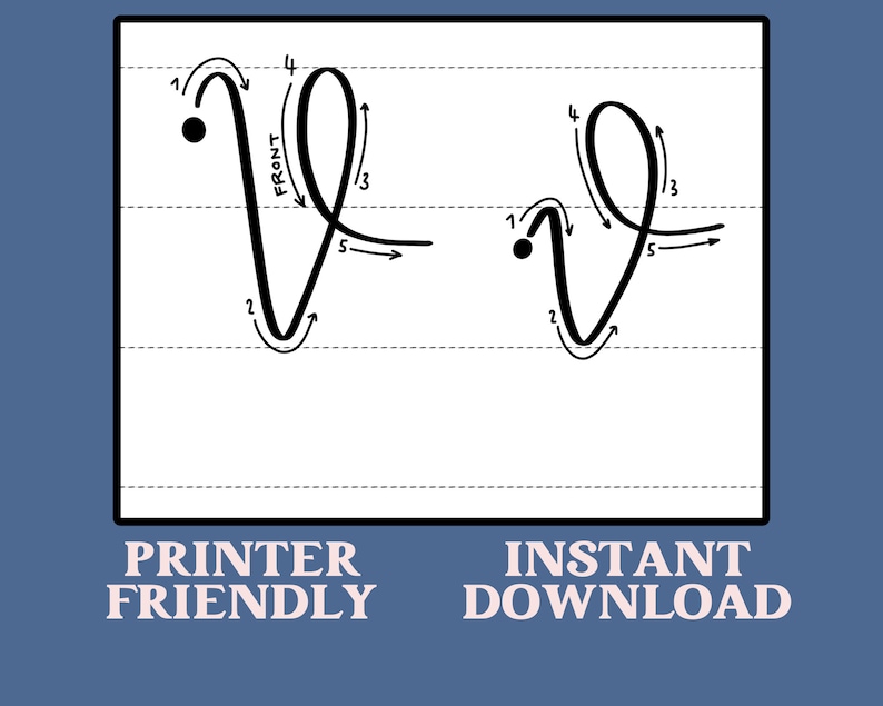 May include: A black and white image showing the correct way to write the letter 'v' in cursive. The image shows two examples of the letter 'v' with numbered arrows showing the order of strokes.