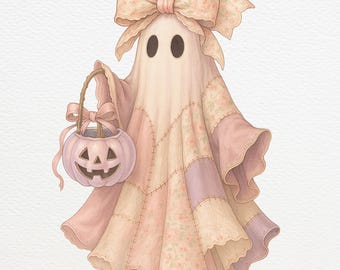 Retro Halloween Patchwork PNG: Coquette Ghost, Pumpkin Design (Digital Download