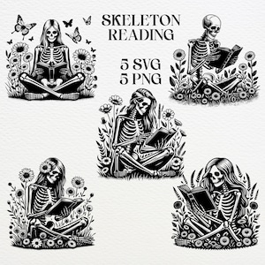 May include: Five black and white illustrations of skeletons reading books in a field of flowers. The text "Skeleton Reading" and "5 SVG 5 PNG" is at the top of the image.