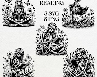 Arte de libro de lectura con esqueleto floral: paquete PNG SVG gótico (descarga digital)