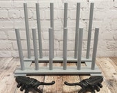 Wooden Welly Boot Rack Organiser in Light Grey with Two Cast Iron Beetle Boot Jacks