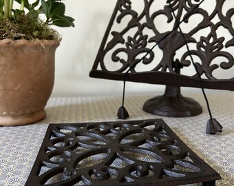 Cast Iron Floral Cookbook Stand and Trivet Set