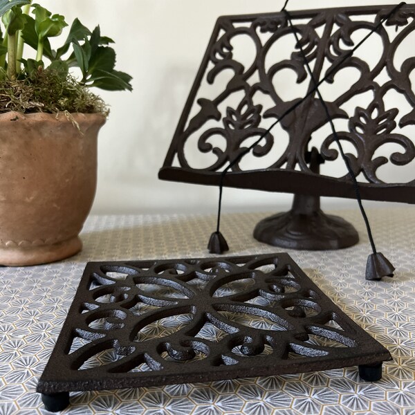 Cast Iron Floral Cookbook Stand and Trivet Set