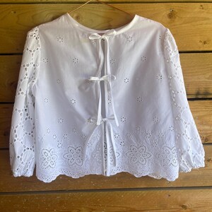 Up Cycled Vintage White Embroidery  Anglaise Cotton Blouse with Tie Straps, made from Vintage Fabric - Sustainable Fashion