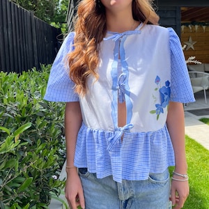 Up Cycled Vintage Floral Cotton Blouse with Tie Straps, made from Vintage Fabric - Sustainable Fashion