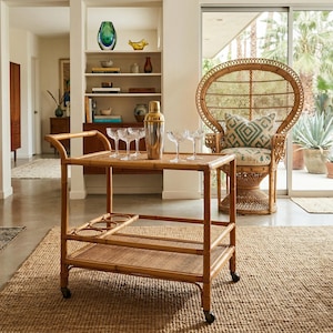 1960s Italian Mid-Century Modern Bamboo & Rattan Bar Cart. Made in Italy