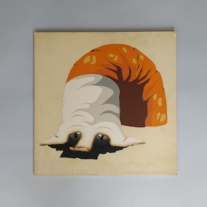 Op de afbeelding: Een vintage illustratie van een opgerolde slak met een bruine schelp en een wit lichaam. De slak bevindt zich op een beige achtergrond met de tekst "ware da tabacco (Virginia U.S.A)" onderaan.
