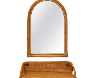1960s Gorgeous Bamboo and Rattan Mirror and Console. Made in Italy