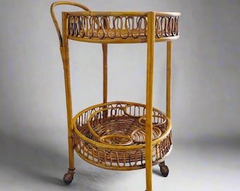 1960s Gorgeous Bamboo & Rattan Serving Bar Cart Trolley by Franco Albini. Made in Italy