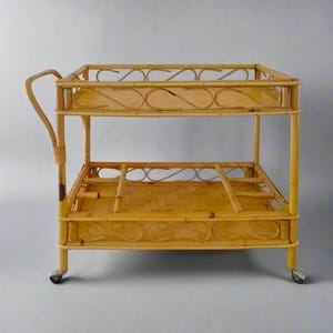 1960s Gorgeous Bamboo & Rattan  Serving Bar Cart Trolley by Franco Albini. Made in Italy