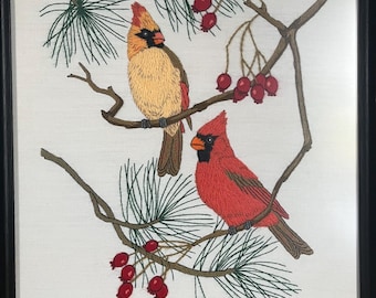 Vgt Framed Embroidery Red Cardinals Wall Decor