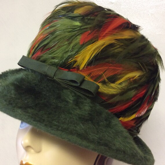 Vintage 50's 60's green faux fur, multicolor feat… - image 2