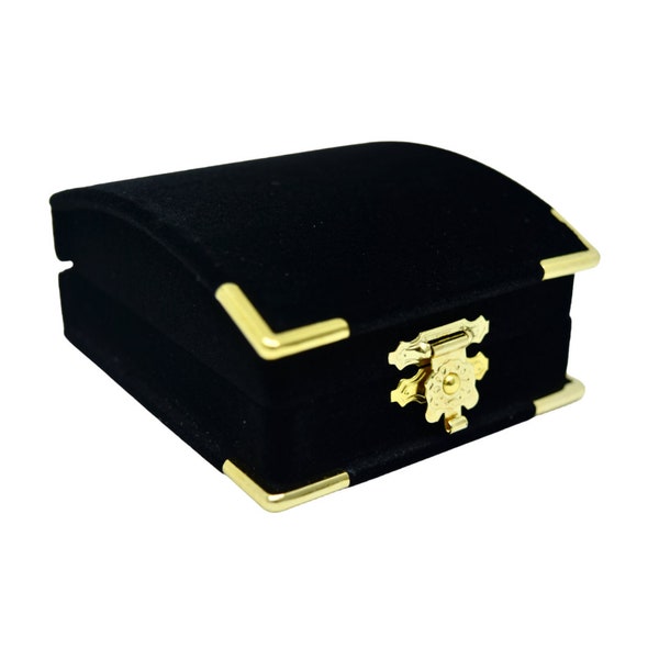 Novel Box Black Velour Treasure Chest Pendant Jewelry Box Case w/Gold Corners & Latch