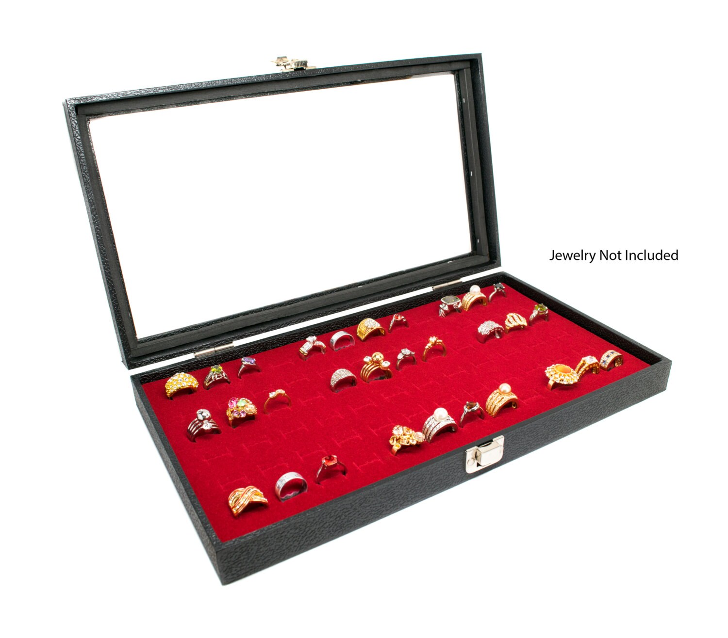 USJS Black Glass Top Jewelry Display Box – 12 Compartments – Wood With Leatherette Finish