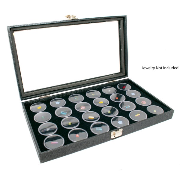 Novel Box™ Large Glass Top Black Leatherette Jewelry Display Case + 24 Count Jar Insert Tray in Black