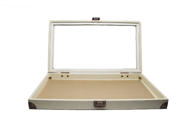 GLASS TOP BURLAP RING BOX WOODEN JEWELRY BOX DISPLAY CASE Burlap SHOWCASE TRAY