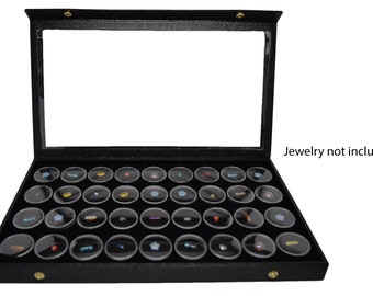 Novel Box™ Snap-Close Acrylic Black Jewelry Display Case 14.75x8.25x1.15" + 36 Count Gemstone Jar Insert Tray in Black Faom