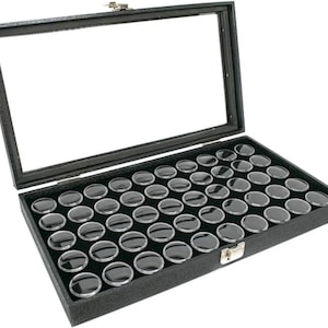 Novel Box™ Large Glass Top Black Leatherette Jewelry Display Case + 50 Count Gem Jar Insert Tray in Black Foam
