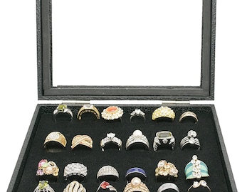 Novel Box™ Half-Size Glass Top Black Jewelry Display Case + Black 36 Slot Ring/Cufflink Display Insert