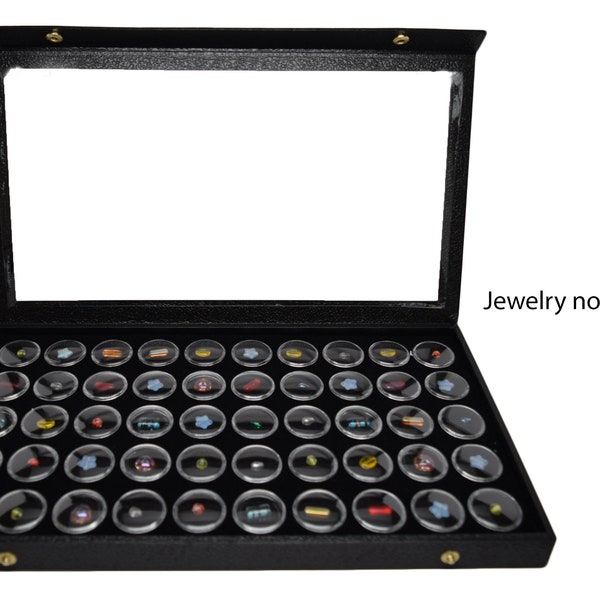 Novel Box™ Snap-Close Acrylic Black Jewelry Display Case 14.75x8.25x1.15" + 50 Count Gemstone Jar Insert Tray in Black Foam