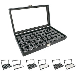 Novel Box™ Large Glass Top Black Leatherette Jewelry Display Case + 50 Count Gem Jar Insert Tray in Black Foam