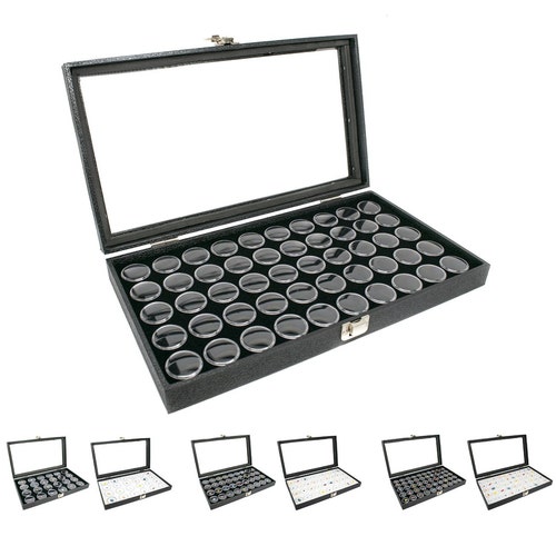 3 Black Wooden Glass Top Display Cases w/ 3 White 50 Gem Jar Gemstone Inserts 