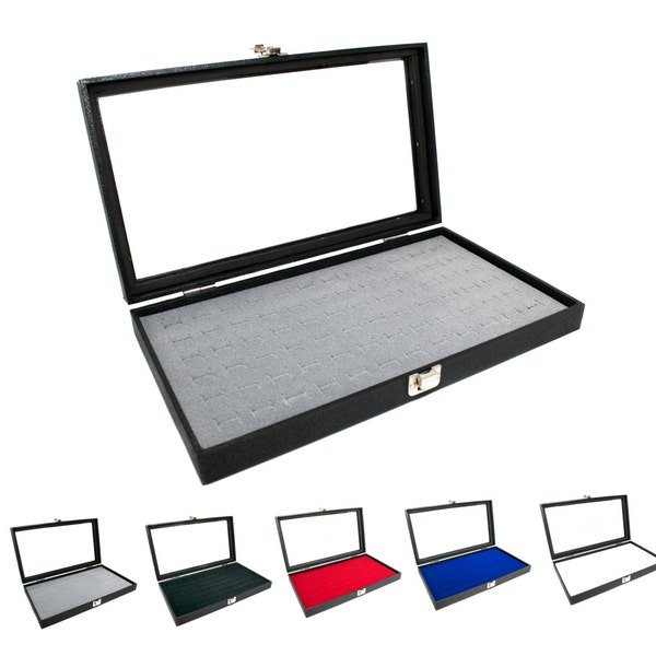 Novel Box™ Glass Top Black Jewelry Display Case + Grey 72 Slot Ring/Cufflink Display Insert