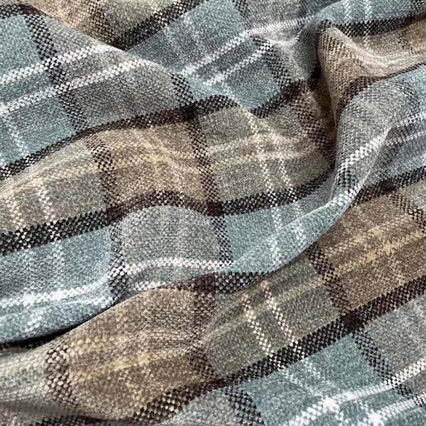 Heavy Check Tartan Chenille Upholstery Fabric - Taupe