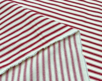 Vintage 100% Cotton Woven Ticking Stripe Furniture Fabric By The Metre - Red