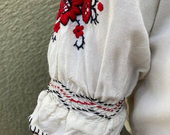 VTG 1930s 1940 folklórico bordado húngaro blusa de algodón de peso medio Sz S